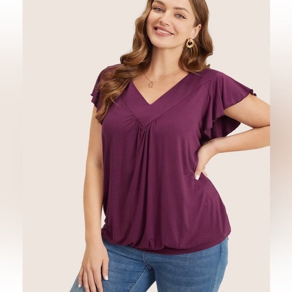 BloomChic Plain Gathered V Neck Ruffle Sleeve T-shirt us14-16 - Picture 3 of 9